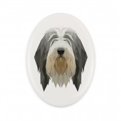 A ceramic tombstone plaque with a Bearded Collie dog. Geometric dog