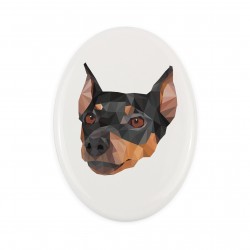 A ceramic tombstone plaque with a German Pinscher dog. Geometric dog