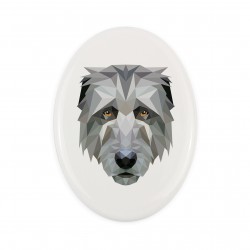 A ceramic tombstone plaque with a Irish Wolfhound dog. Geometric dog