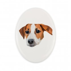 A ceramic tombstone plaque with a Jack Russell Terrier dog. Geometric dog