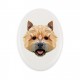 A ceramic tombstone plaque with a Norwich Terrier dog. Geometric dog