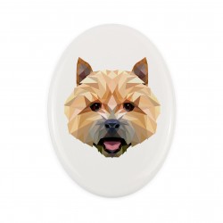 A ceramic tombstone plaque with a Norwich Terrier dog. Geometric dog