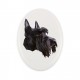 A ceramic tombstone plaque with a Scottish Terrier dog. Geometric dog