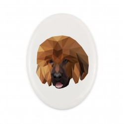 Una placa de cerámica con un perro Dogo del Tíbet. Perro geométrico.