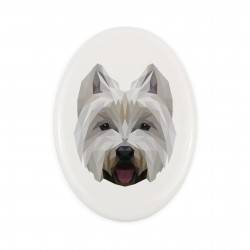 A ceramic tombstone plaque with a West Highland White Terrier dog. Geometric dog