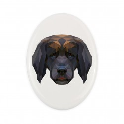 Una placa de cerámica con un perro Leoneberger. Perro geométrico.