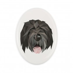 Una lapide in ceramica con un cane Terrier nero russo. Cane geometrico