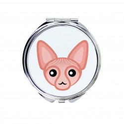 Uno specchio tascabile con un gatto del Sphynx. Una nuova collezione con il simpatico gatto Art-Dog