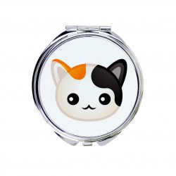 Uno specchio tascabile con un gatto del Bobtail giapponese. Una nuova collezione con il simpatico gatto Art-Dog