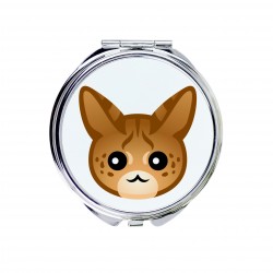 Uno specchio tascabile con un gatto del Savannah. Una nuova collezione con il simpatico gatto Art-Dog
