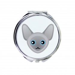 Uno specchio tascabile con un gatto del Peterbald. Una nuova collezione con il simpatico gatto Art-Dog