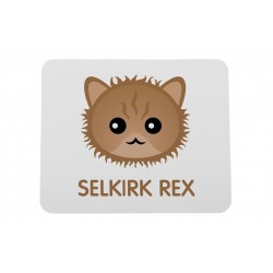 Una almohadilla de mouse de computadora con un gato de Selkirk rex. Una nueva colección con el lindo gato Art-dog
