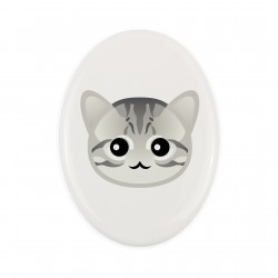 Una lapide in ceramica con un gatto del American shorthair. Gatto carino Art-Dog