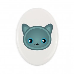 Una placa de cerámica con un gato de Azul ruso. Art-Dog cute cat