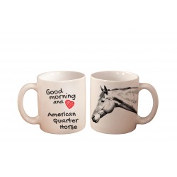 Cuarto de Milla - una taza con un caballo. "Good morning and love...". Alta calidad taza de cerámica.
