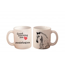 Caballo andaluz - una taza con un caballo. "Good morning and love...". Alta calidad taza de cerámica.