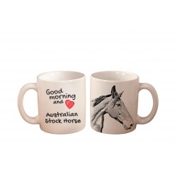Australian Stock Horse - kubek z wizerunkiem konia i napisem "Good morning and love...". Wysokiej jakości kubek ceramiczny.