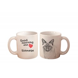 Kot syjamski - kubek z wizerunkiem kota i napisem "Good morning and love...". Wysokiej jakości kubek ceramiczny.