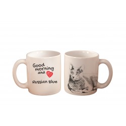 Kot rosyjski niebieski - kubek z wizerunkiem kota i napisem "Good morning and love...". Wysokiej jakości kubek ceramiczny.