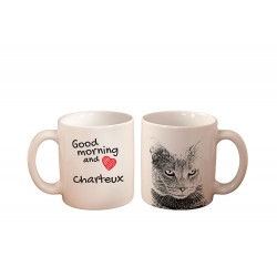 Chartreux - ein Becher mit einem Katze. "Good morning and love ...". Hochwertige Keramik überfallen.