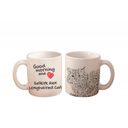 Selkirk rex de pelo largo - una taza con un gato. "Good morning and love...". Alta calidad taza de cerámica.