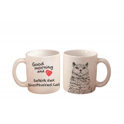 Kot selkirk rex krótkowłosy - kubek z wizerunkiem kota i napisem "Good morning and love...". Wysokiej jakości kubek ceramiczny.
