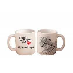 Highland Lynx - kubek z wizerunkiem kota i napisem "Good morning and love...". Wysokiej jakości kubek ceramiczny.